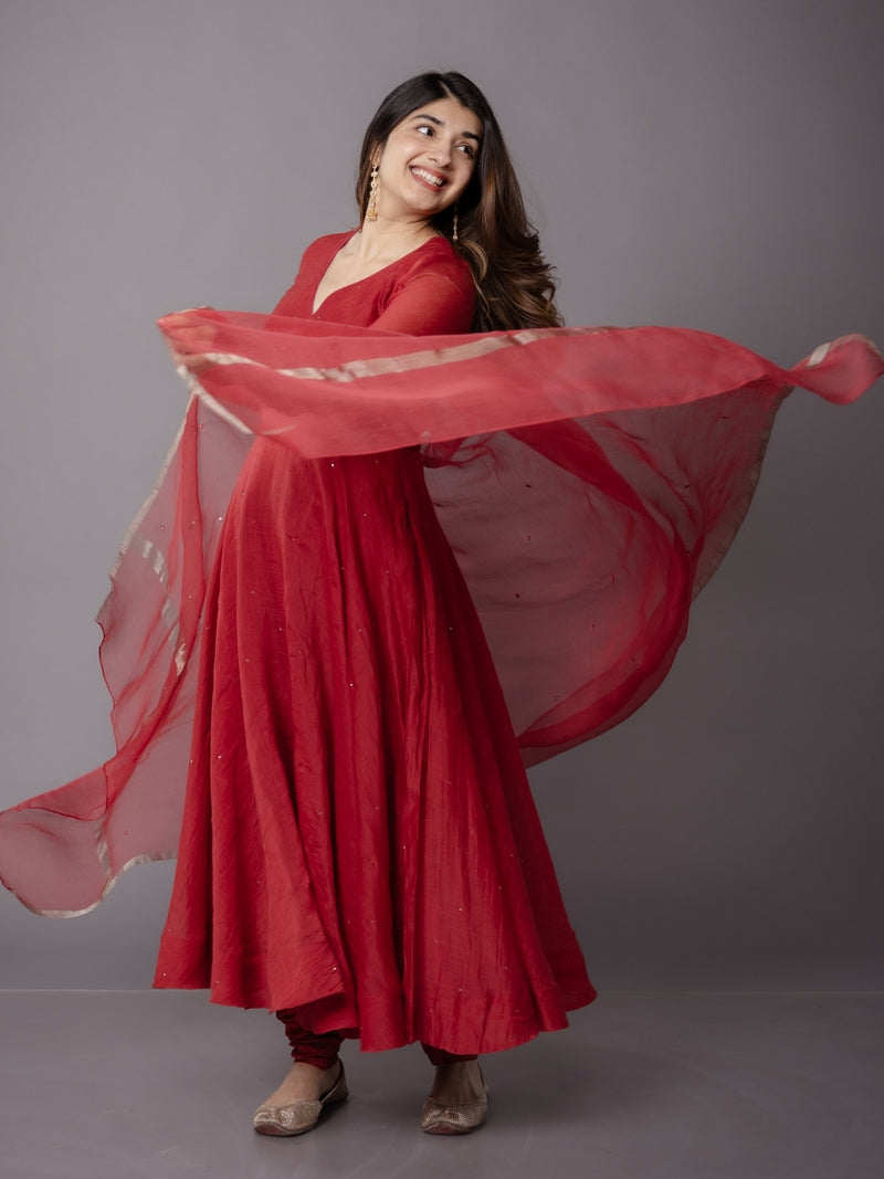 Scarlet Red Solid Zari Silk Net Dupatta with Hand Embroidery