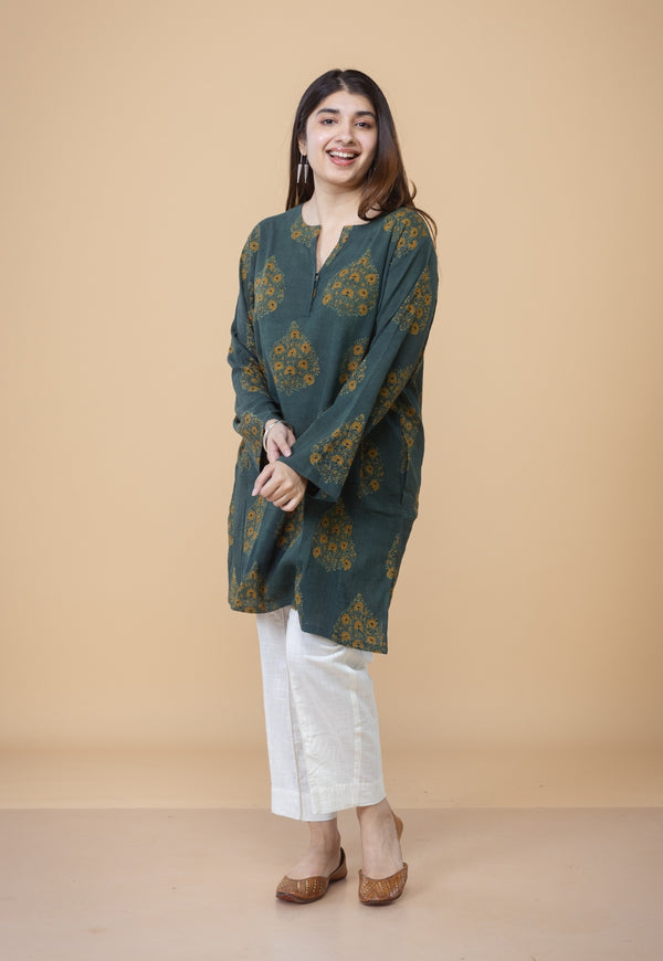 Veda Green Ajrakh Crush Cotton A Line Kurta