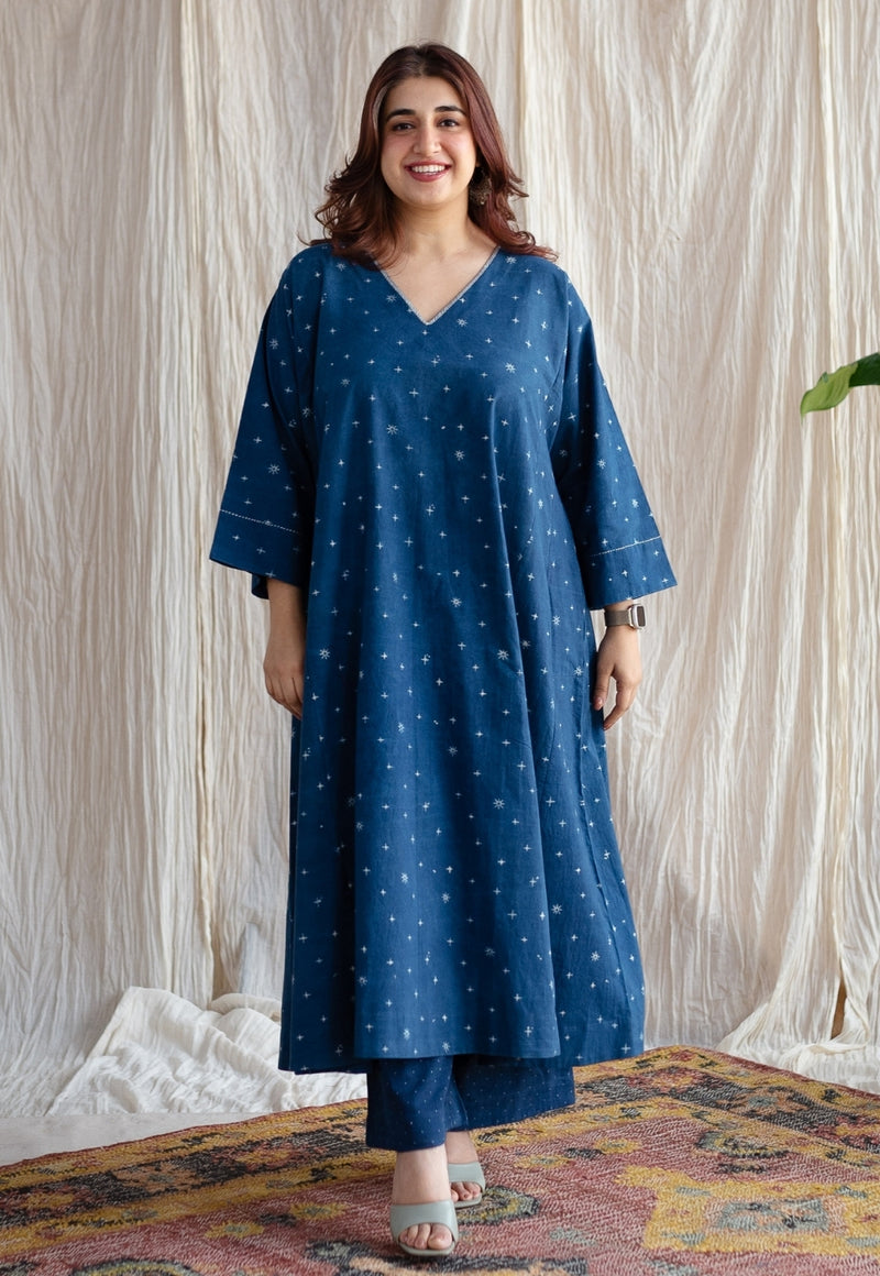 Eshika Indigo Ajrakh Cotton Jhabba Kali Kurta with Hand Embroidery