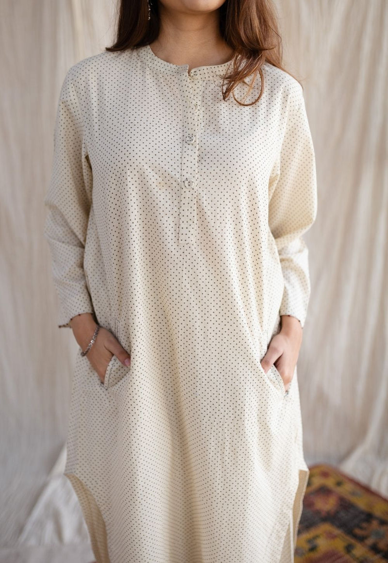 Bombay Off White Ajrakh Cotton Loose Kurta with Hand Embroidery