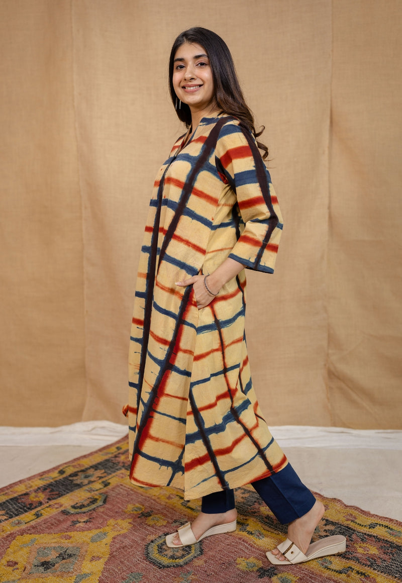 Safira Cream Clamp Dyed Cotton A Line Kurta