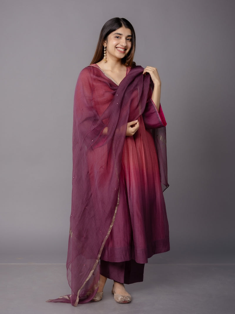Wine Solid Zari Silk Net Dupatta with Hand Embroidery
