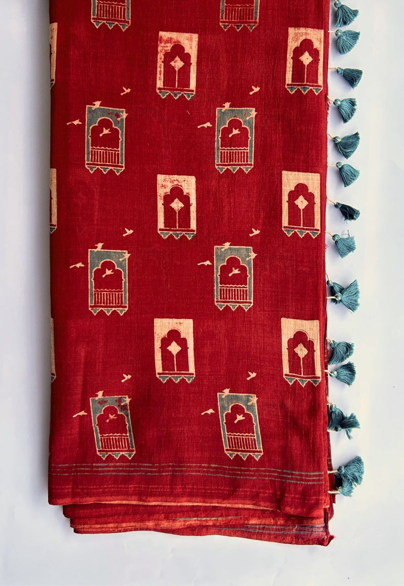 Red Ajrakh Handblock Printed MulMul Saree