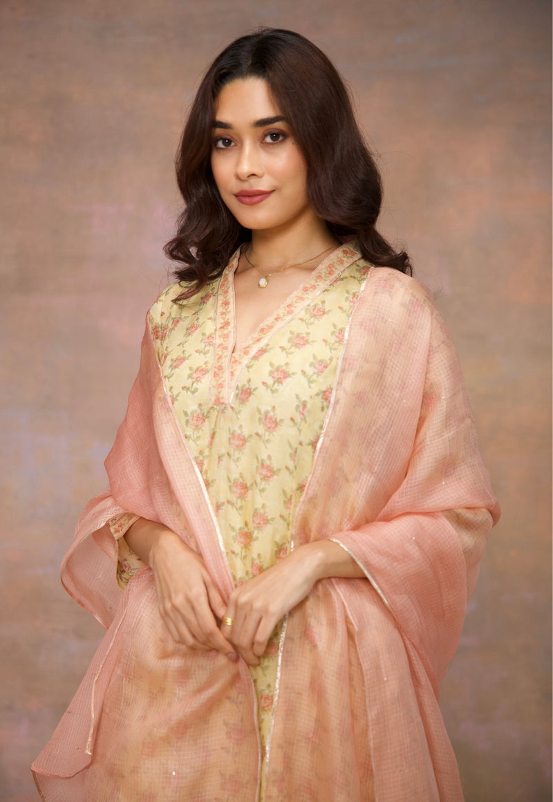 Peach Solid Kota Doria Silk Dupatta with Mukaish Detailing