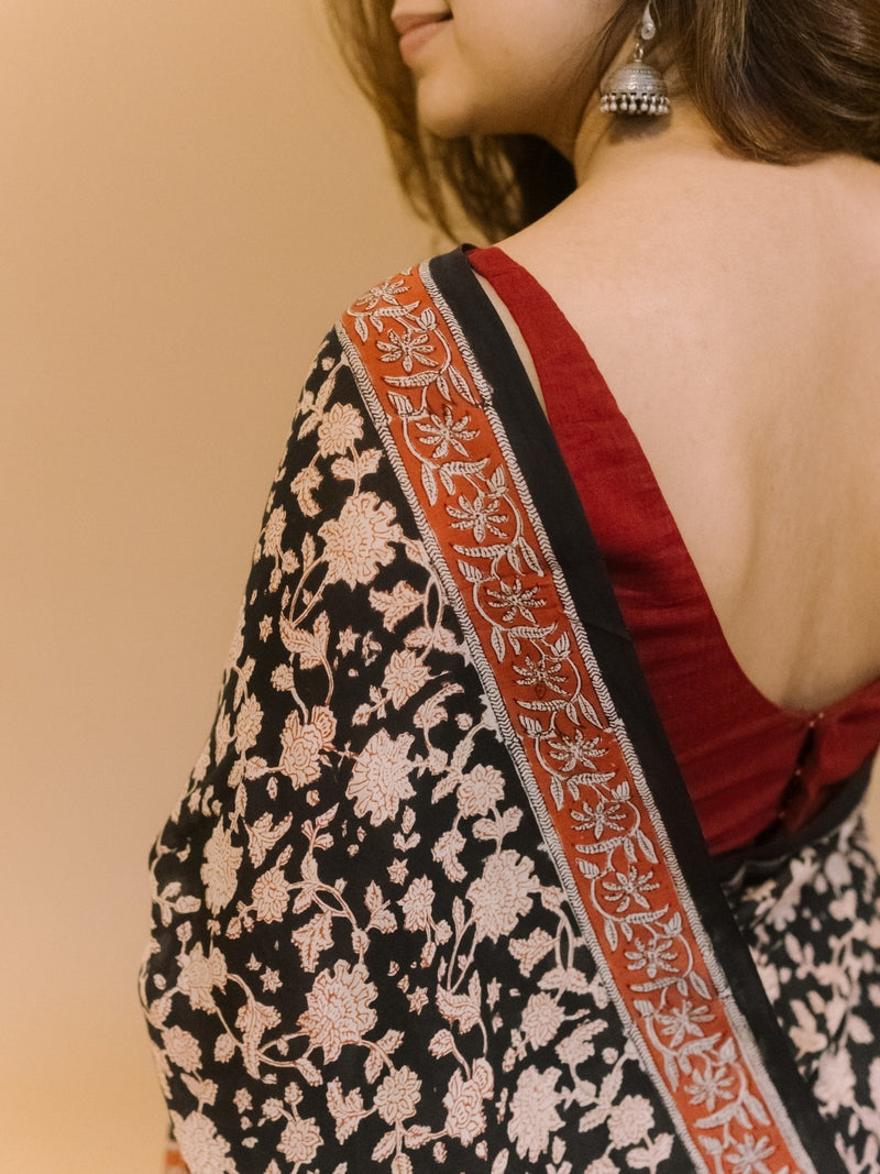 Black Jaal Bagru Hand Block Print Modal Saree