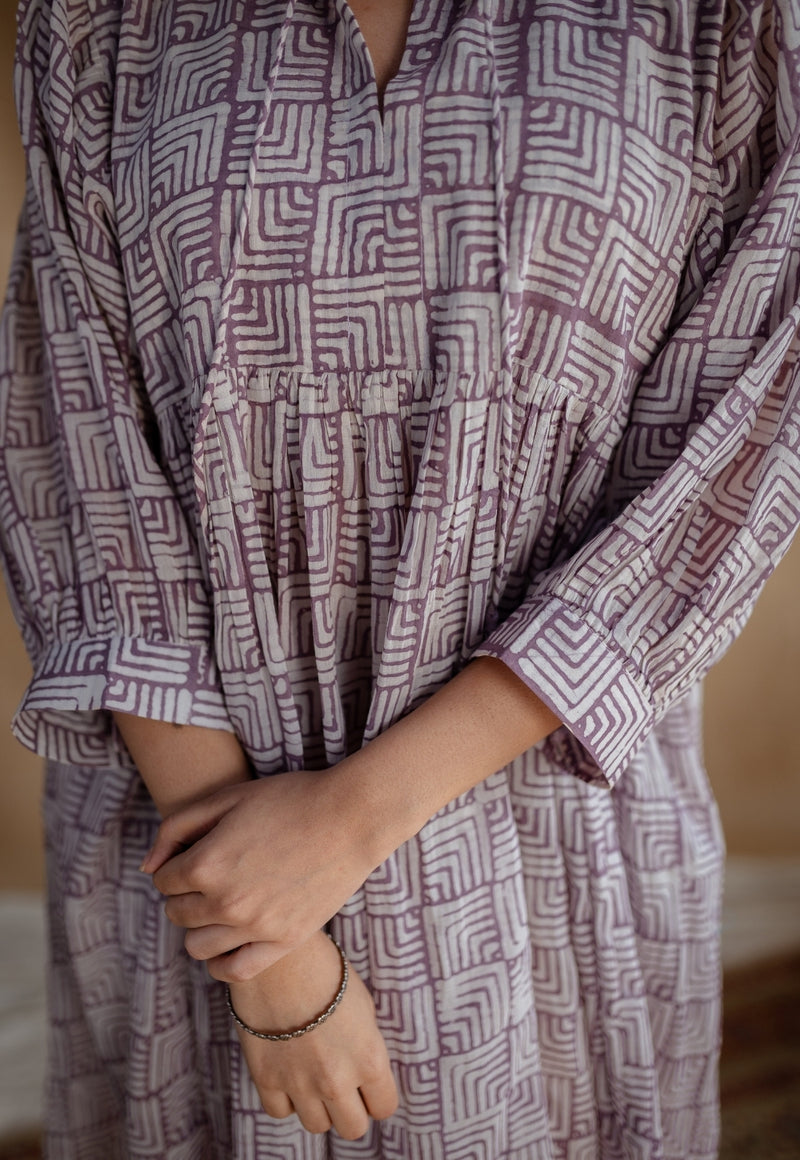 Elina Lavender Batik MulMul Cotton A Line Dress