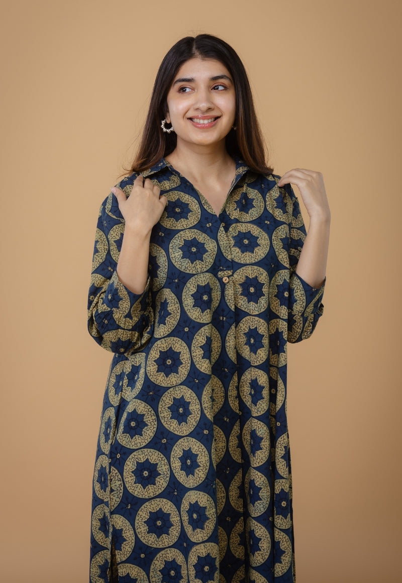 Ridah Blue Ajrakh Cotton A Line Dress