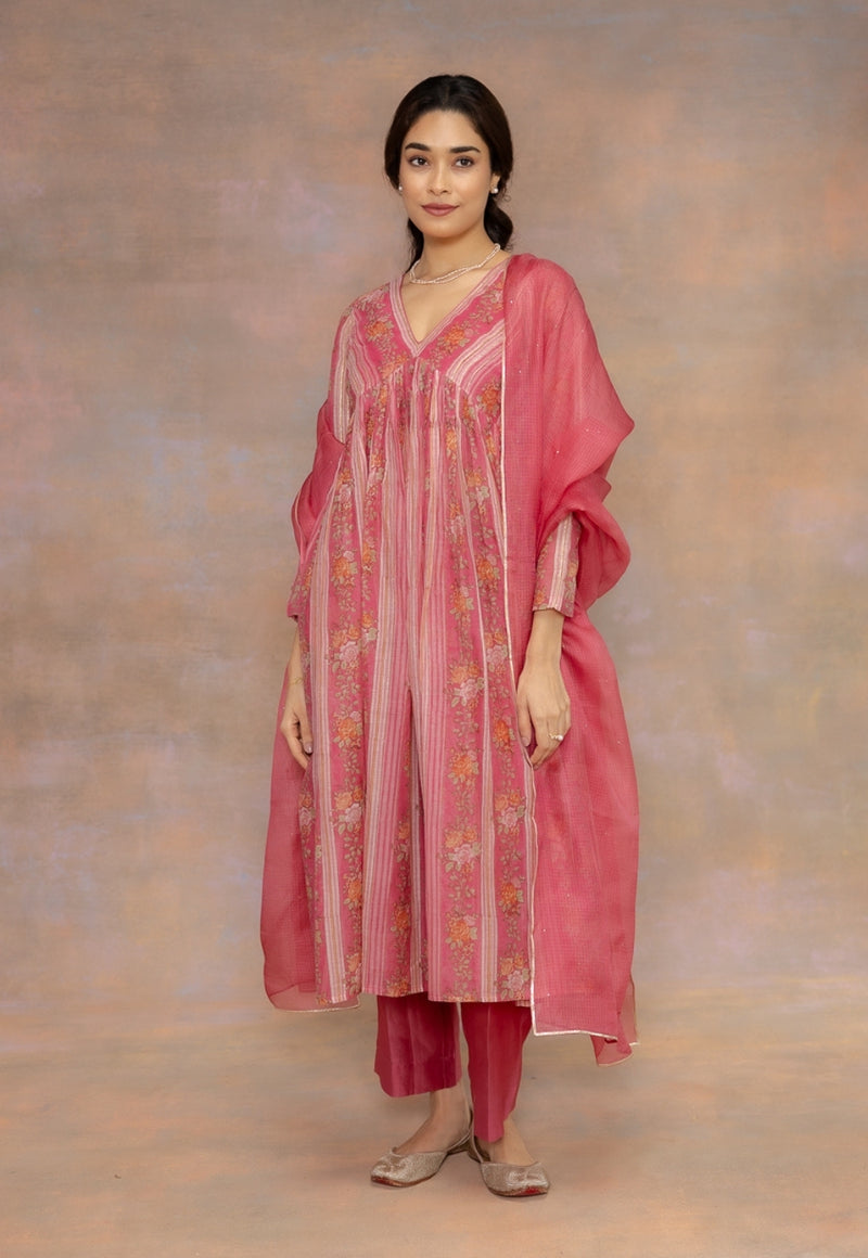 Rooz Pink Sanganeri Chanderi Silk A Line Kurta with Lace Detailing