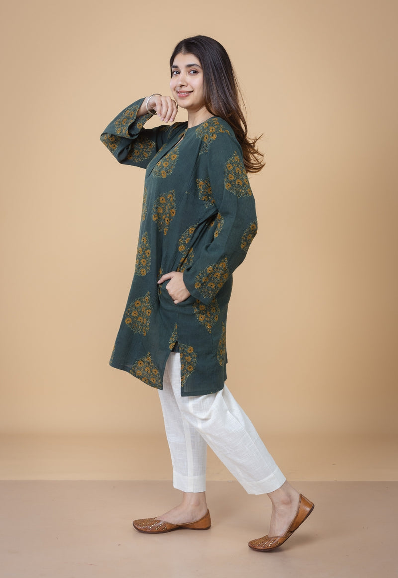 Veda Green Ajrakh Crush Cotton A Line Kurta