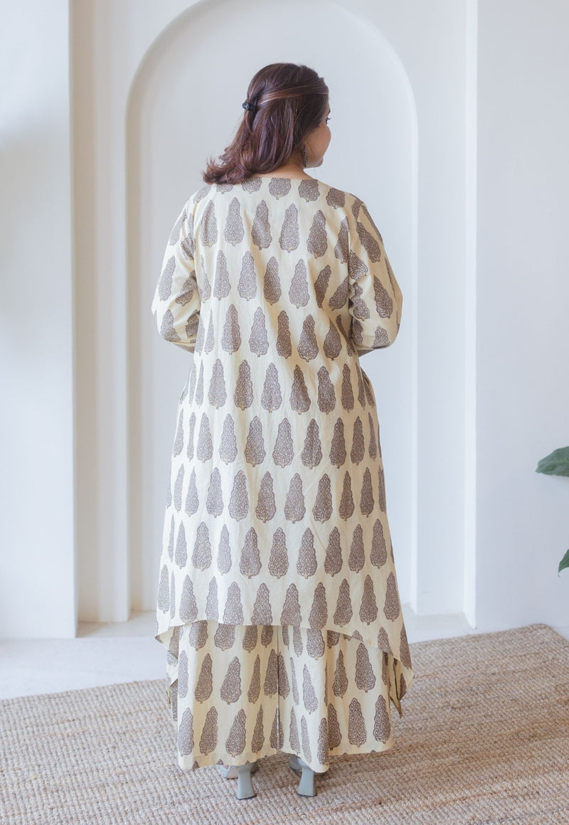 Priya Beige Ajrakh Cotton Asymmetrical Kurta