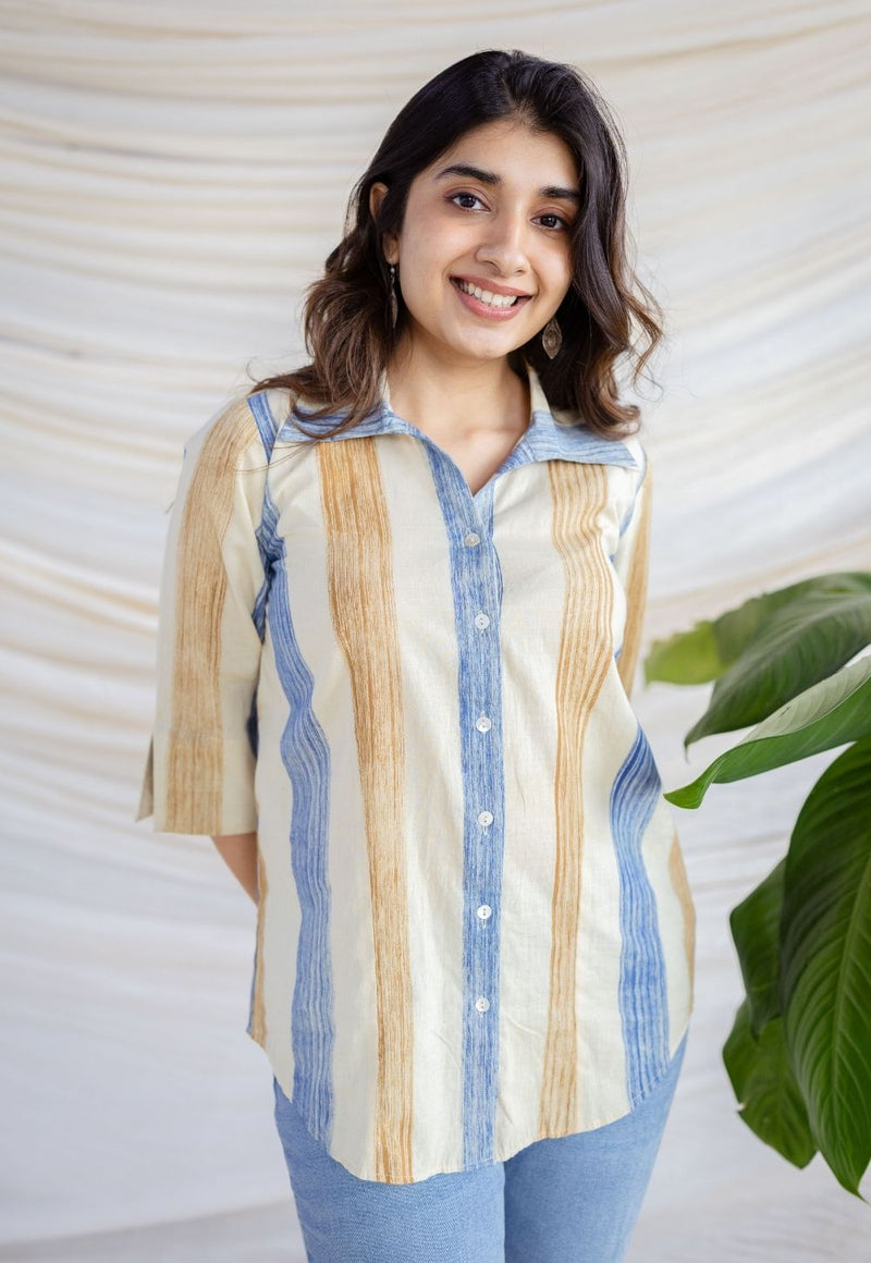 Zaina Off White Bagru Cotton Straight Shirt