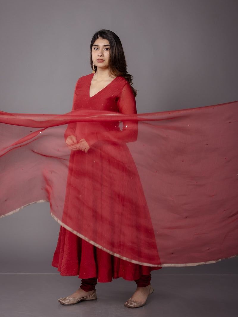 Scarlet Red Solid Zari Silk Net Dupatta with Hand Embroidery