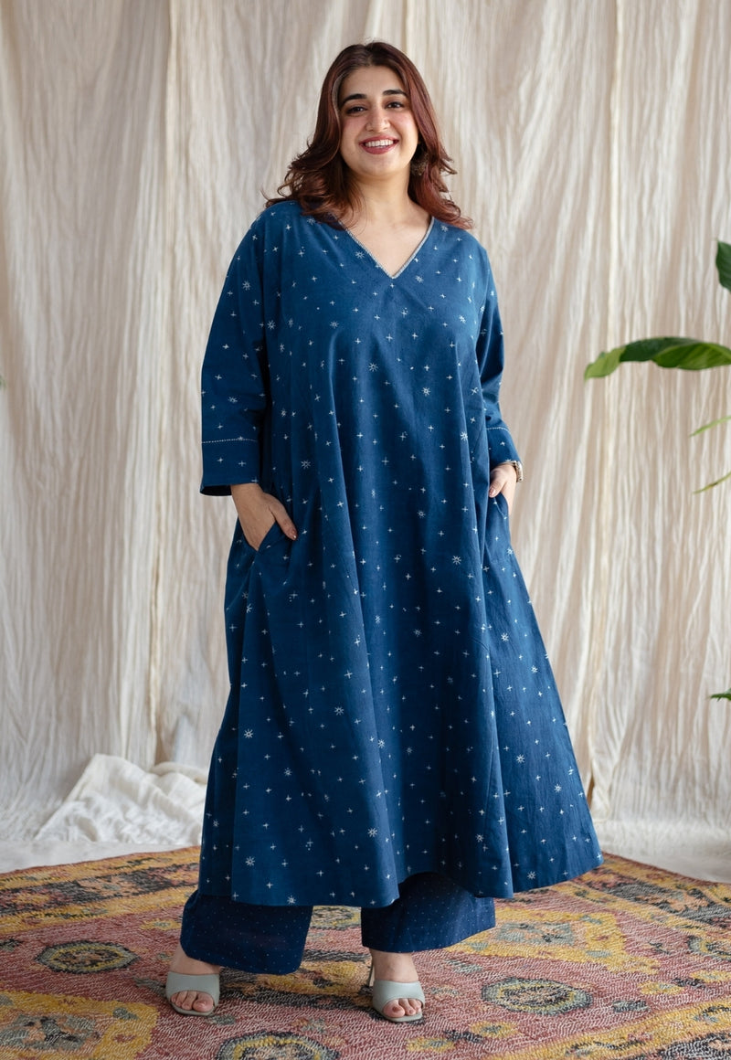 Eshika Indigo Ajrakh Cotton Jhabba Kali Kurta with Hand Embroidery