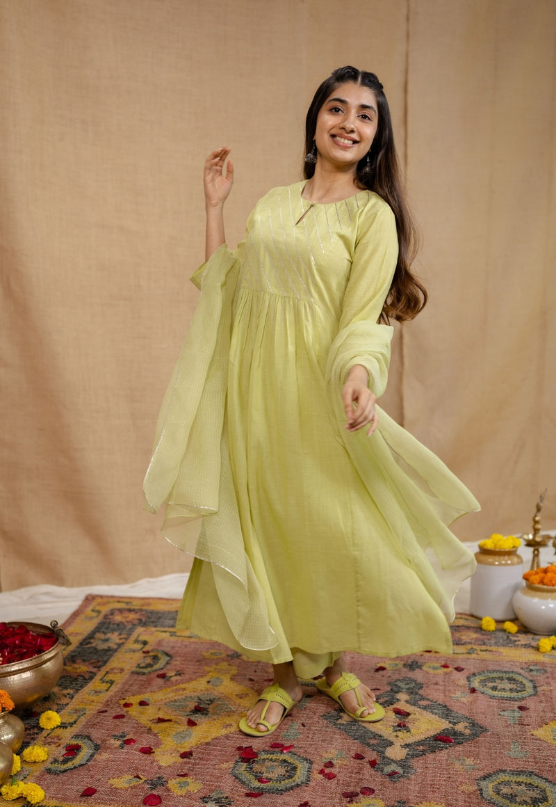 Akshara Mulmul Cotton Lime Kurta Set (Set of 3)