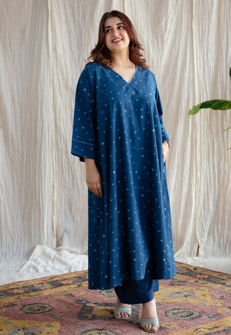 Eshika Indigo Ajrakh Cotton Jhabba Kali Kurta with Hand Embroidery