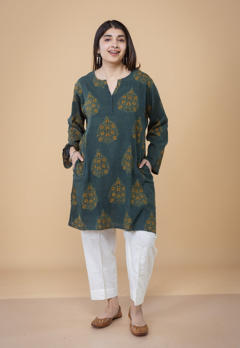 Veda Green Ajrakh Crush Cotton A Line Kurta