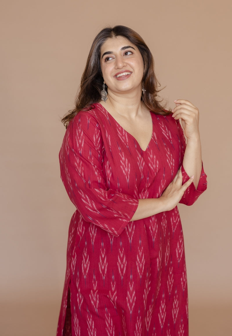 Aarushi Pink Handloom Ikkat Cotton Straight Kurta