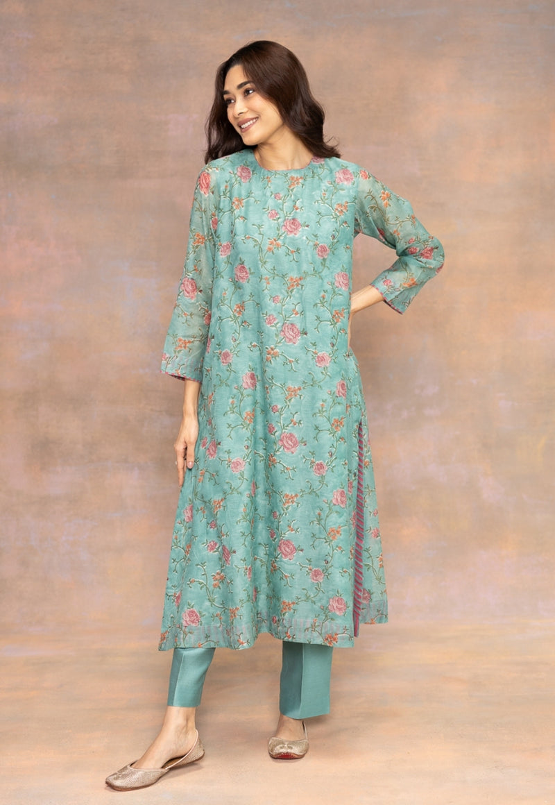 Rosalia Blue Sanganeri Chanderi Silk A Line Kurta