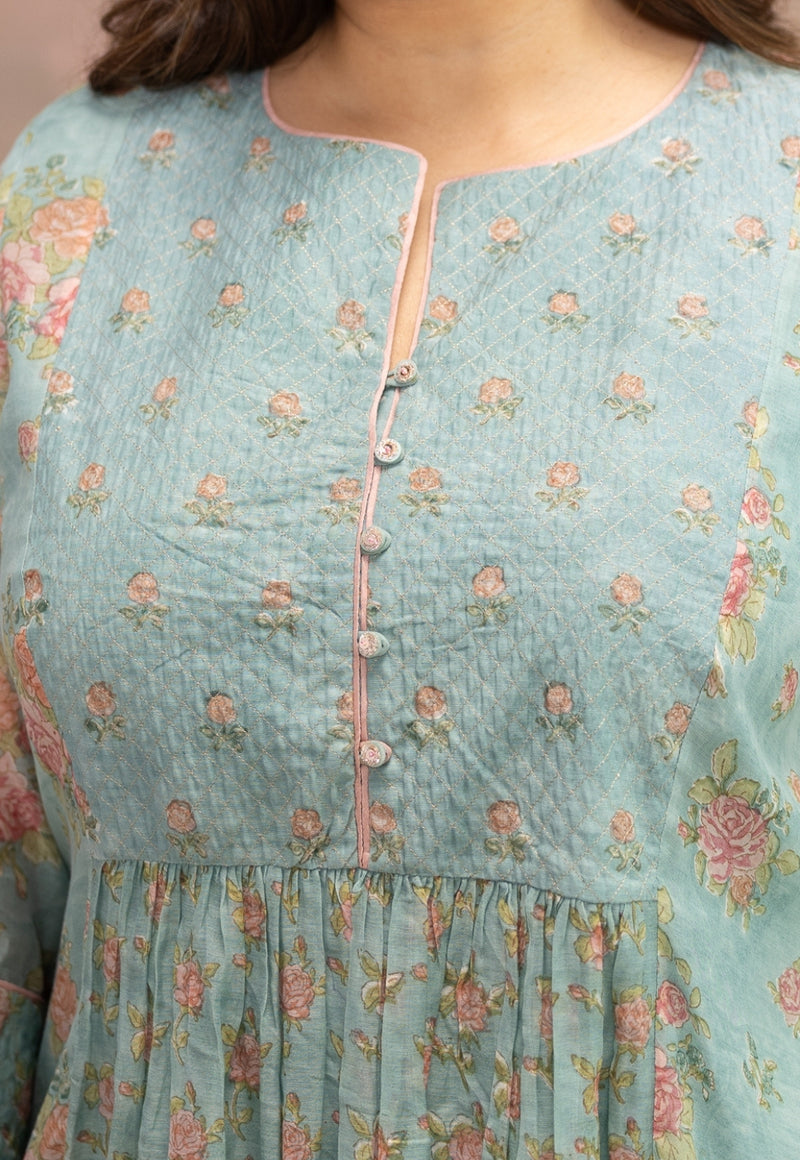 Rosalia Blue Sanganeri Chanderi Silk A Line Kurta with Hand Embroidery