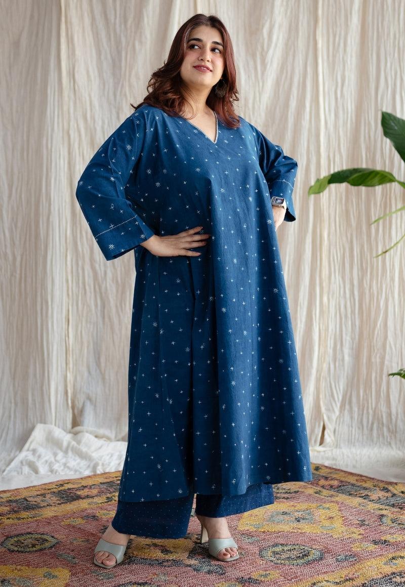 Eshika Indigo Ajrakh Cotton Jhabba Kali Kurta with Hand Embroidery