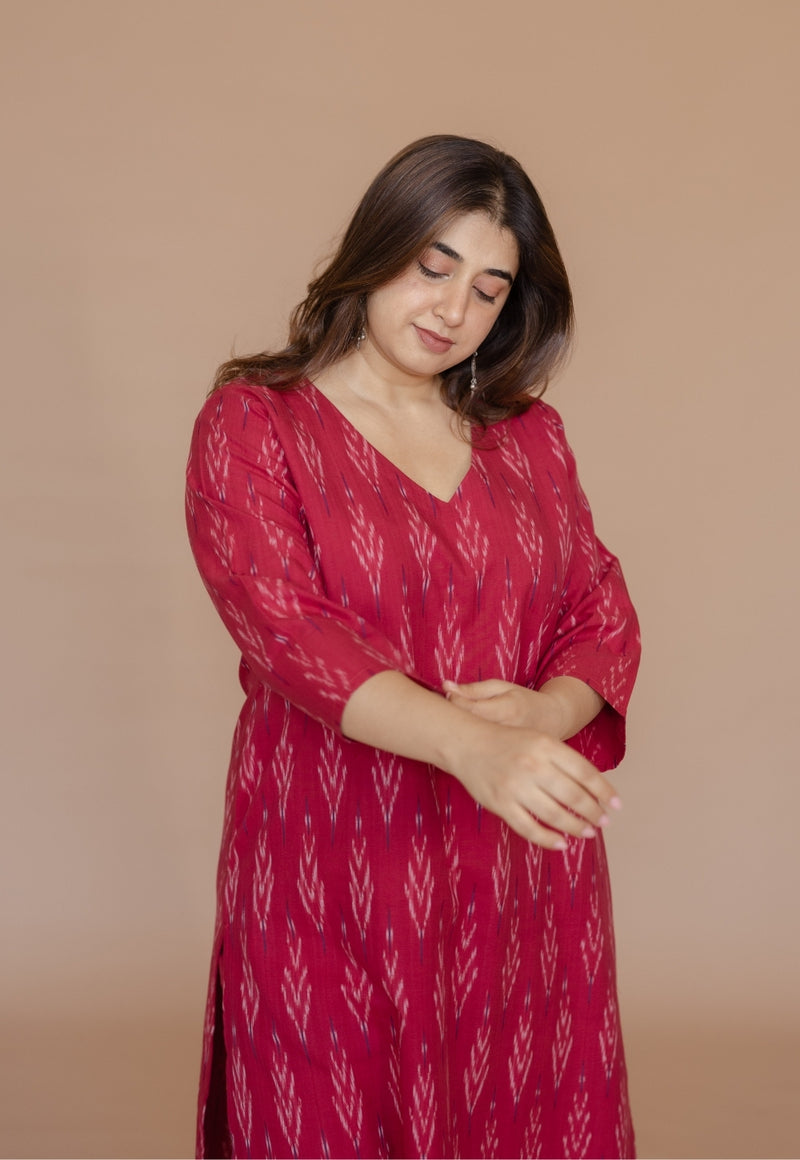 Aarushi Pink Handloom Ikkat Cotton Straight Kurta