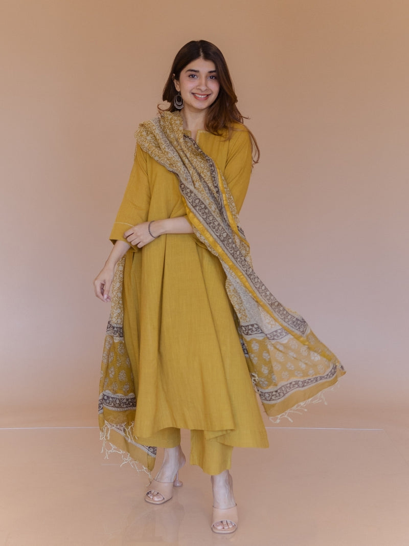Nyra Yellow Solid Slub Cotton Jhabbha Kali Kurta with Hand Embroidery