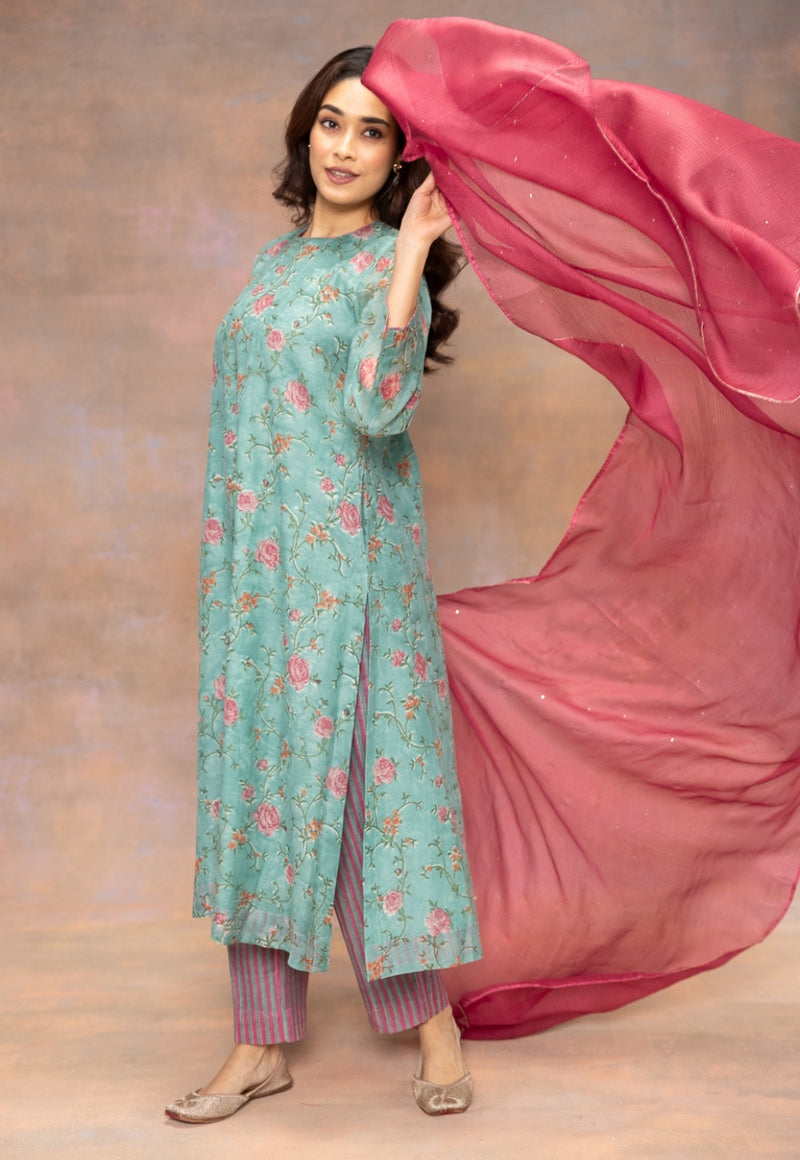 Hot Pink Solid Kota Doria Silk Dupatta with Mukaish Detailing