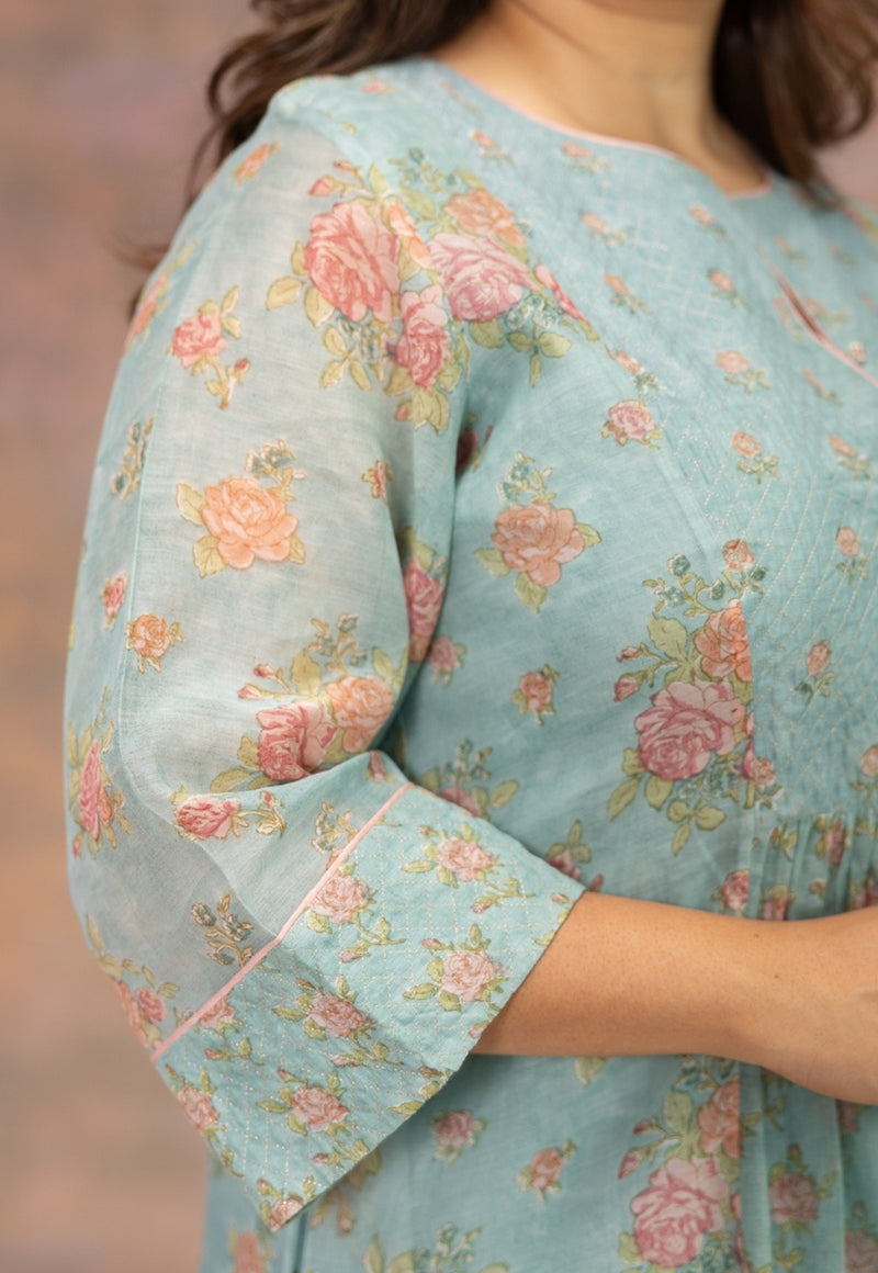 Rosalia Blue Sanganeri Chanderi Silk A Line Kurta with Hand Embroidery