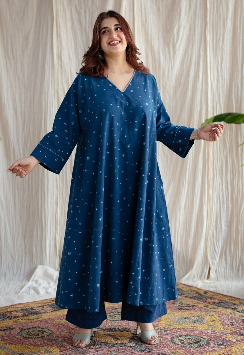 Eshika Indigo Ajrakh Cotton Jhabba Kali Kurta with Hand Embroidery