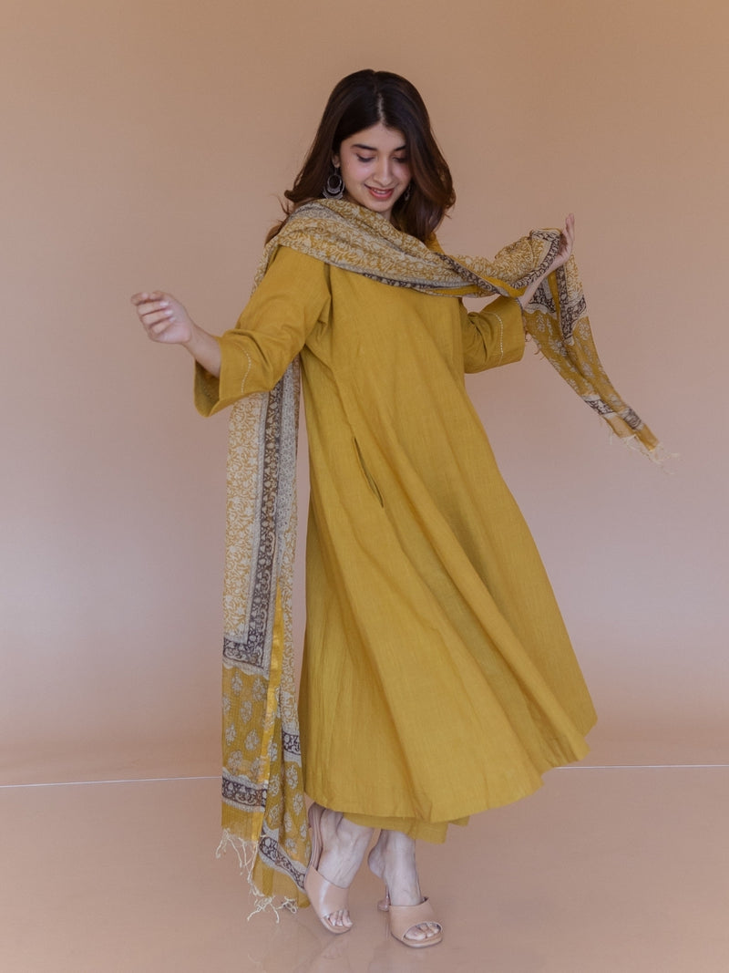 Nyra Yellow Solid Slub Cotton Jhabbha Kali Kurta with Hand Embroidery