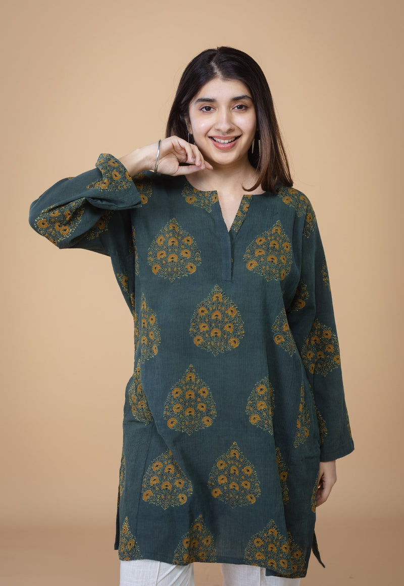 Veda Green Ajrakh Crush Cotton A Line Kurta
