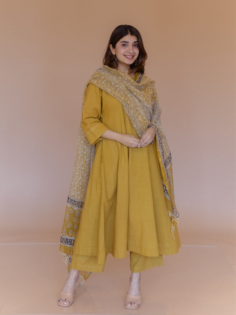 Nyra Yellow Solid Slub Cotton Jhabbha Kali Kurta with Hand Embroidery