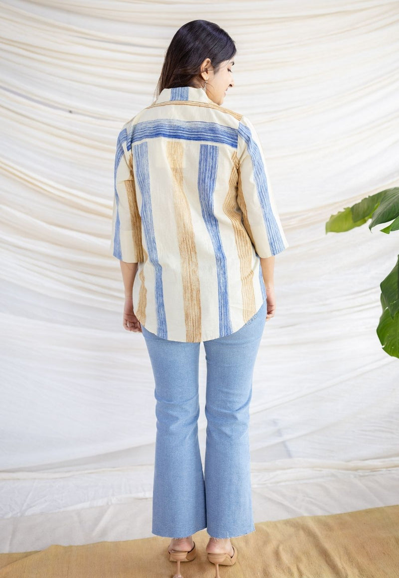 Zaina Off White Bagru Cotton Straight Shirt