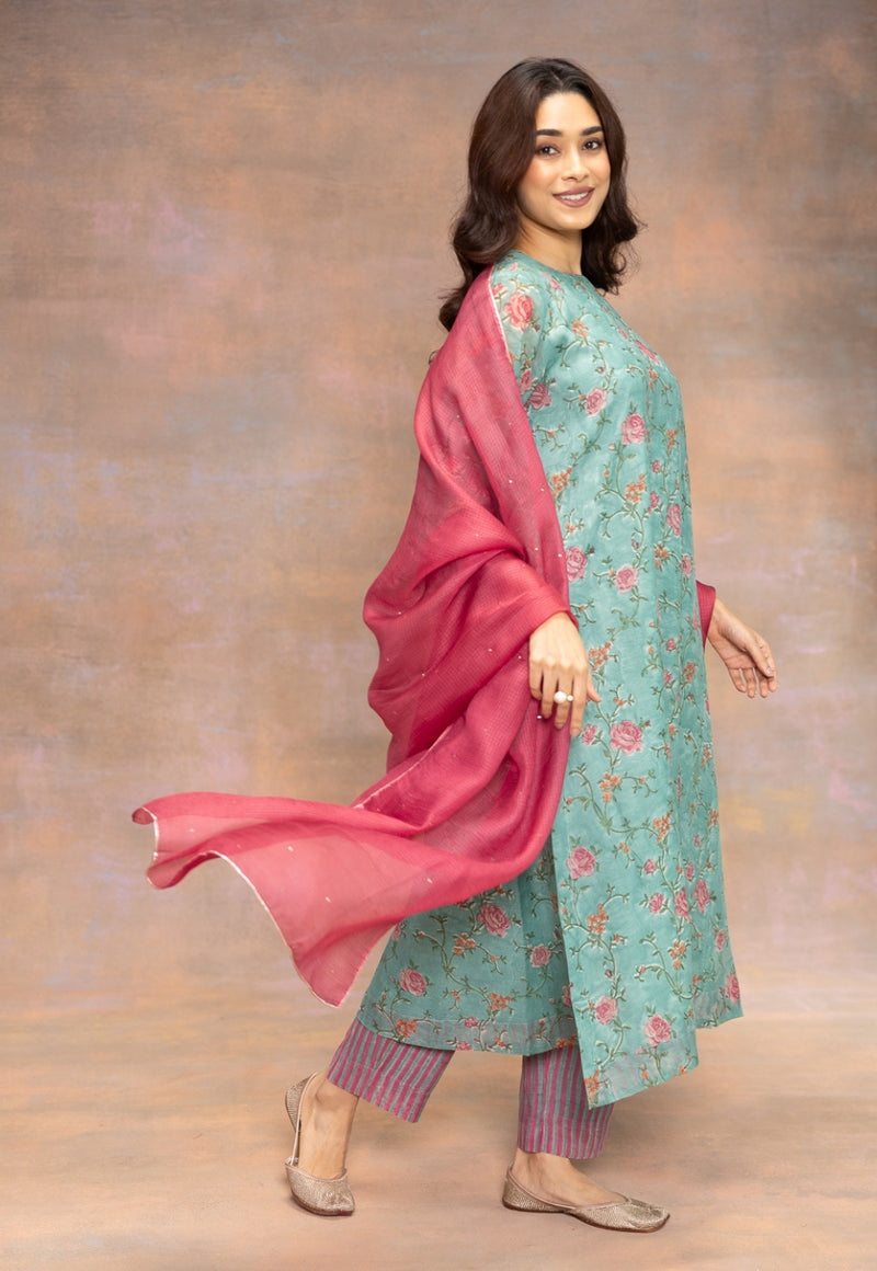 Hot Pink Solid Kota Doria Silk Dupatta with Mukaish Detailing