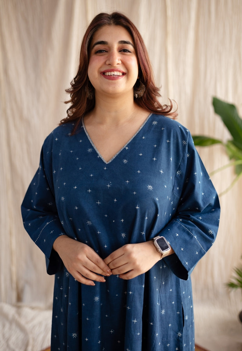 Eshika Indigo Ajrakh Cotton Jhabba Kali Kurta with Hand Embroidery