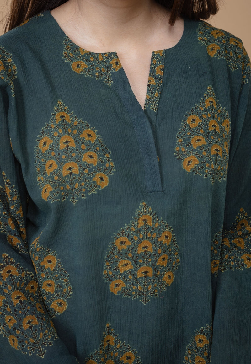 Veda Green Ajrakh Crush Cotton A Line Kurta