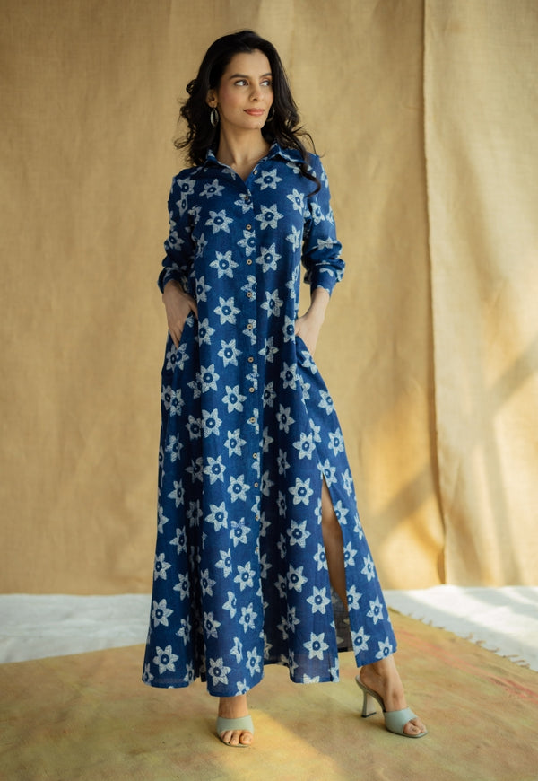 Trusha Indigo Bagru Slub Cotton A Line Dress