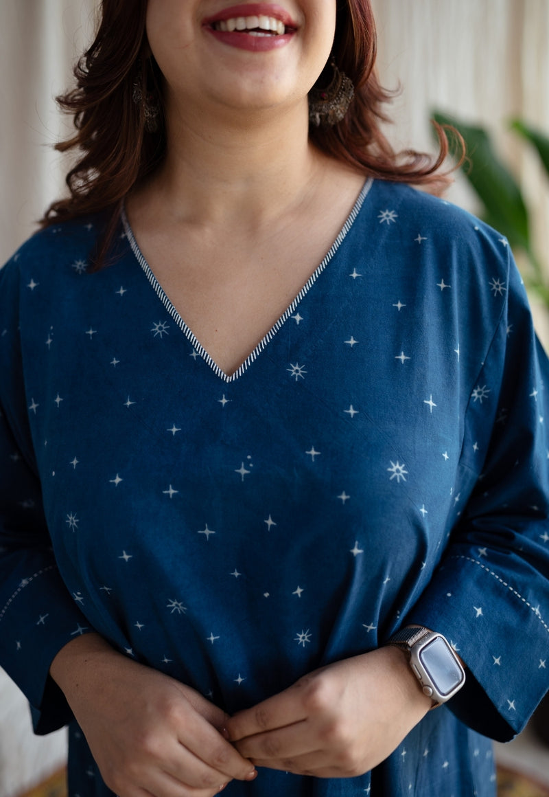 Eshika Indigo Ajrakh Cotton Jhabba Kali Kurta with Hand Embroidery