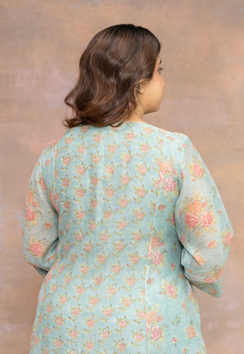 Rosalia Blue Sanganeri Chanderi Silk A Line Kurta with Hand Embroidery