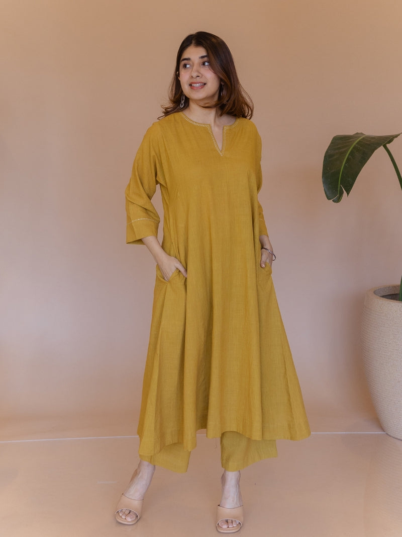 Nyra Yellow Solid Slub Cotton Jhabbha Kali Kurta with Hand Embroidery