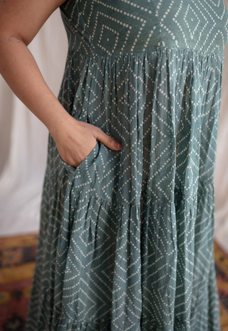 Amrin Green Batik MulMul Cotton A Line Dress