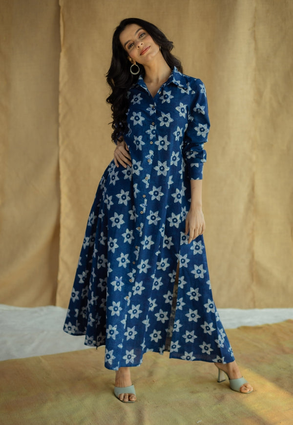 Trusha Indigo Bagru Slub Cotton A Line Dress