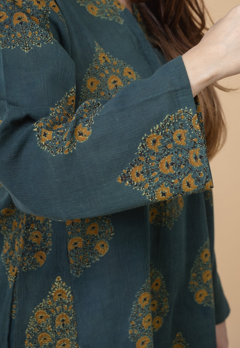 Veda Green Ajrakh Crush Cotton A Line Kurta