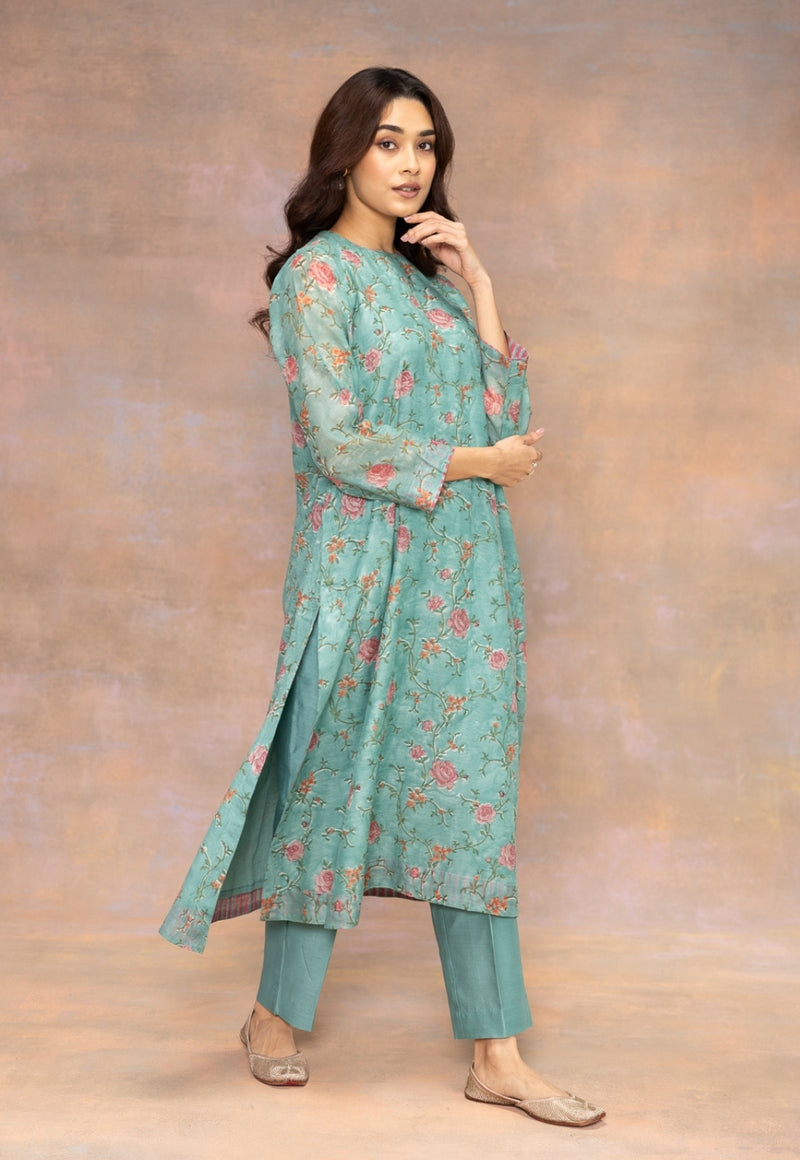 Rosalia Blue Sanganeri Chanderi Silk A Line Kurta