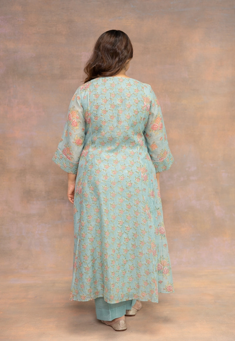 Rosalia Blue Sanganeri Chanderi Silk A Line Kurta with Hand Embroidery