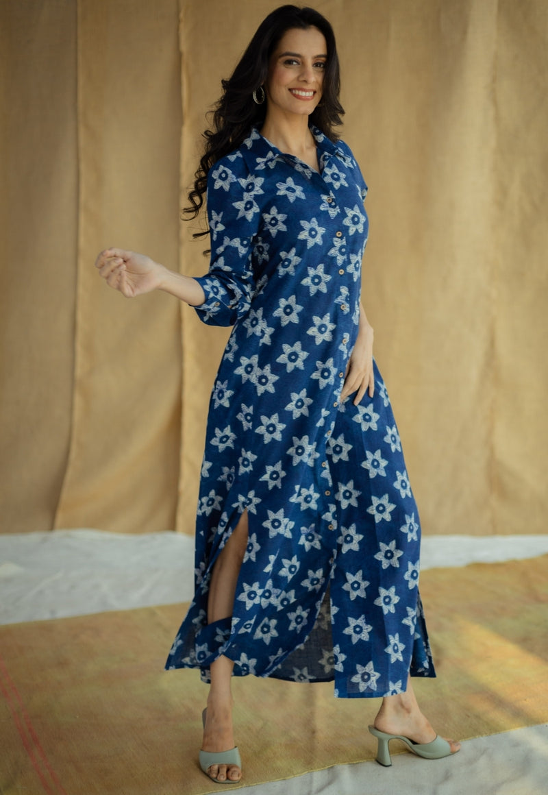 Trusha Indigo Bagru Slub Cotton A Line Dress