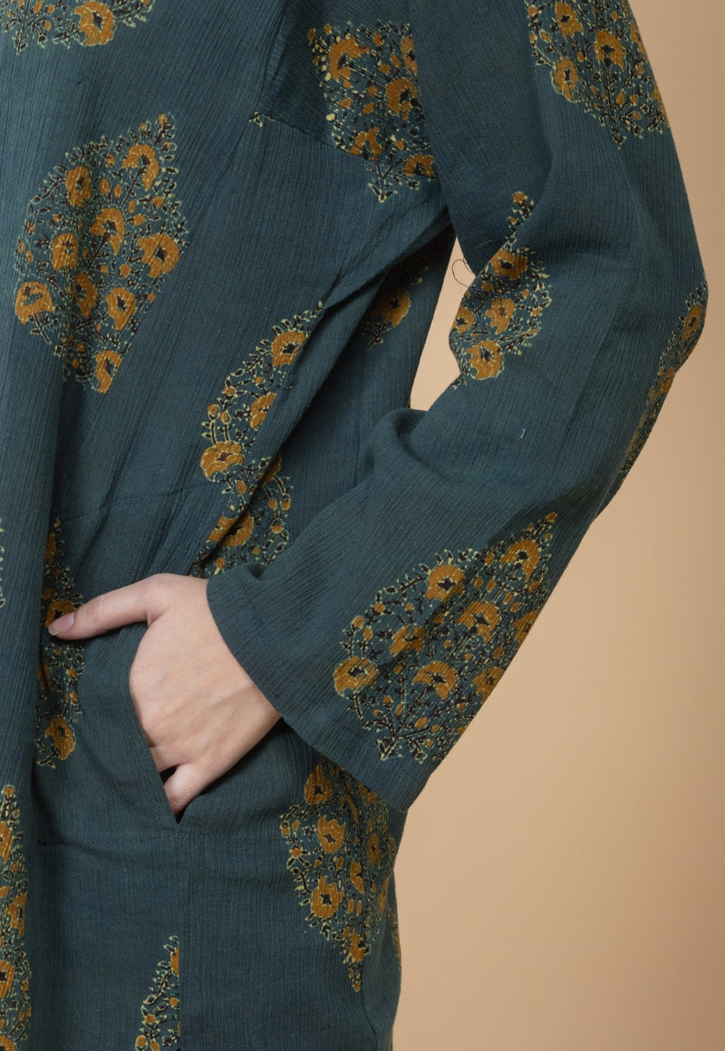 Veda Green Ajrakh Crush Cotton A Line Kurta