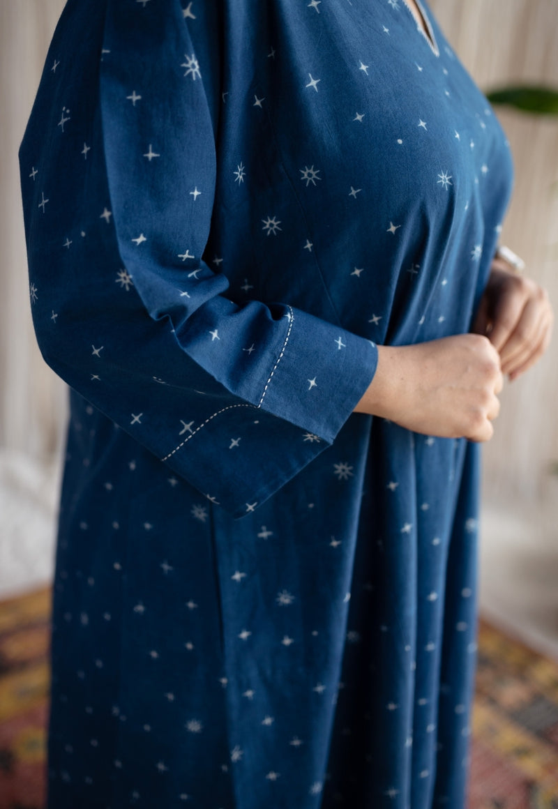 Eshika Indigo Ajrakh Cotton Jhabba Kali Kurta with Hand Embroidery