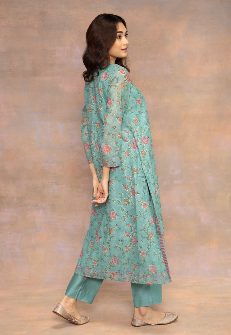 Rosalia Blue Sanganeri Chanderi Silk A Line Kurta