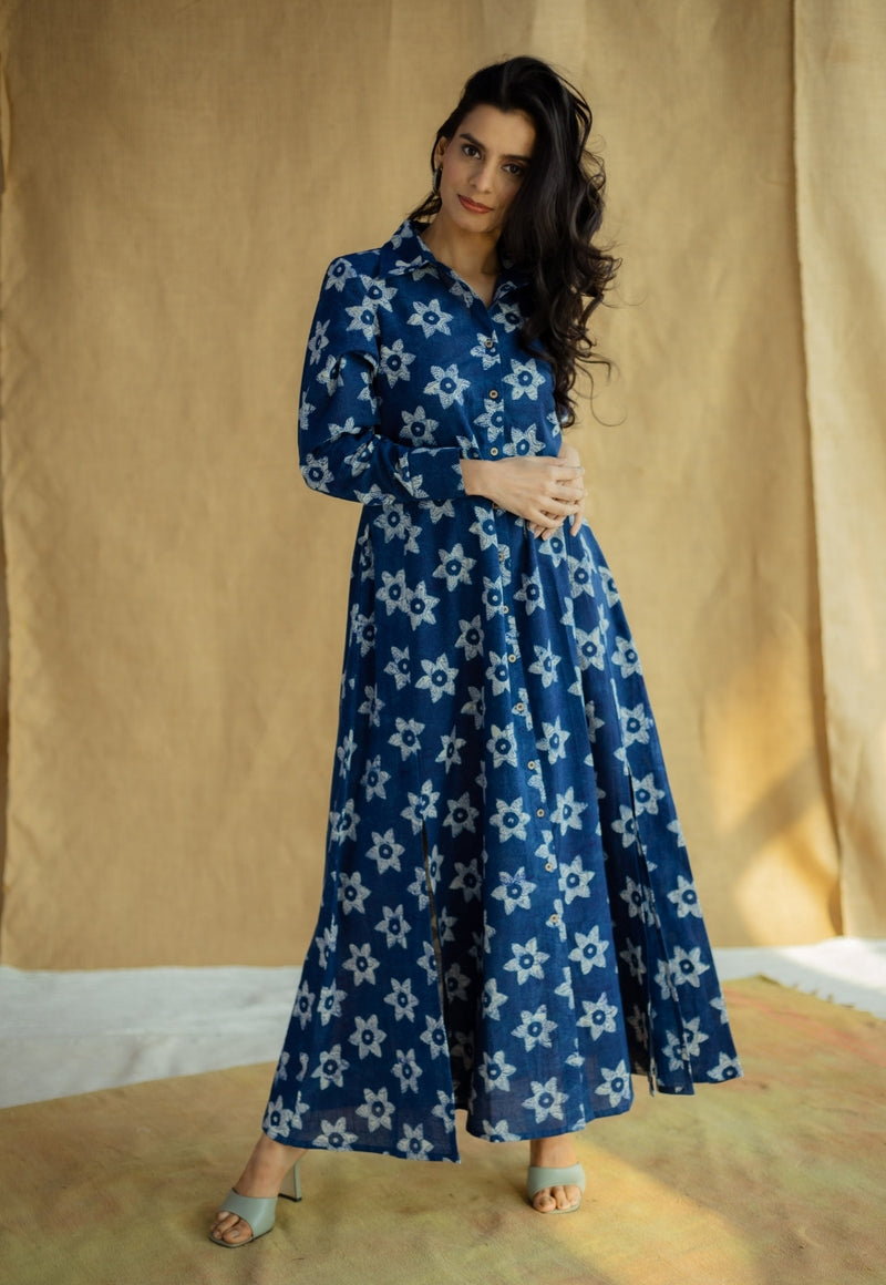 Trusha Indigo Bagru Slub Cotton A Line Dress